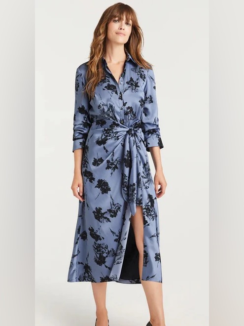 Cinq A Sept Blue Satin Floral Wrap Midi Dress With Black Print